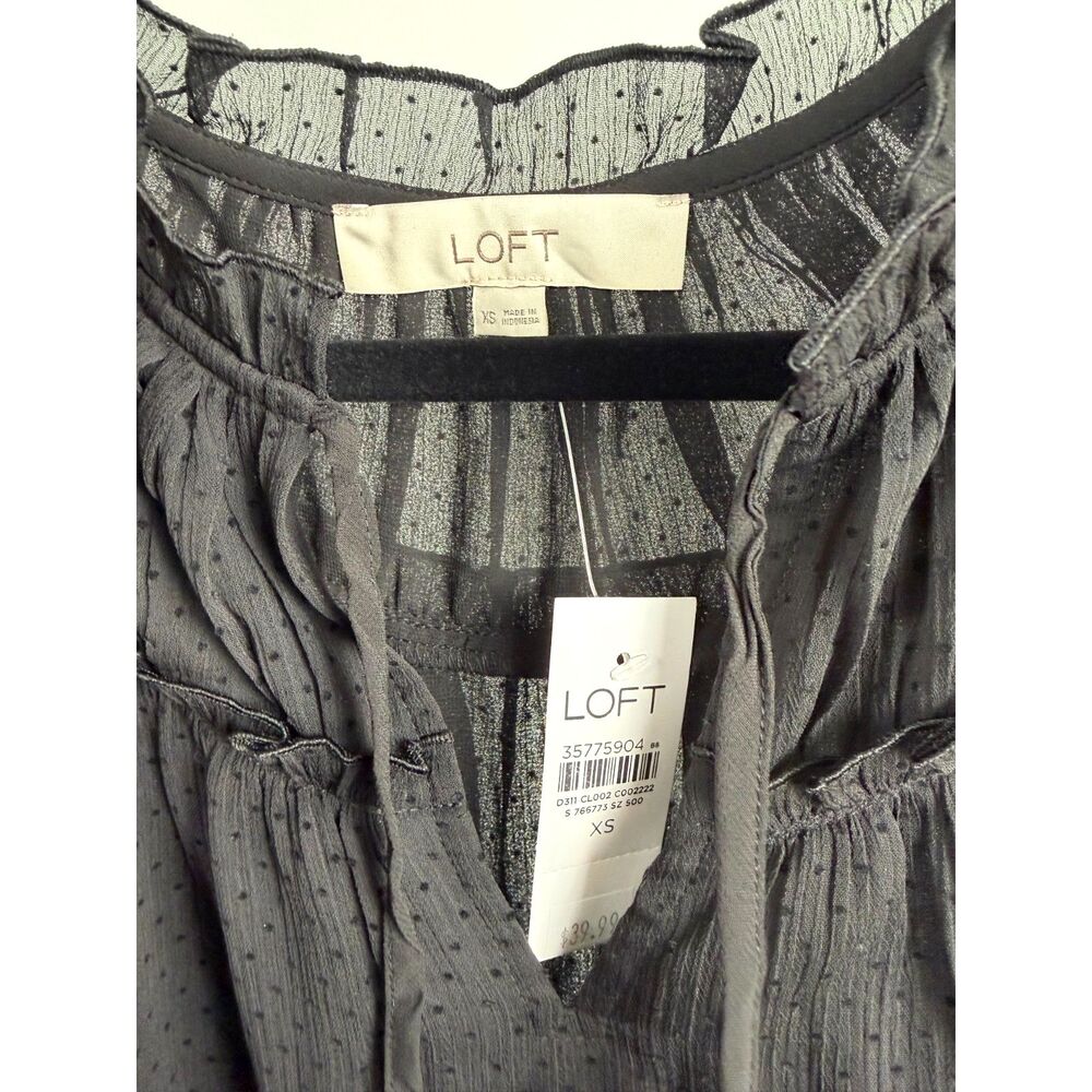 LOFT Blouse XS NWT Black Swiss Dot Sheer Ruffle Tie Neck Womens Top - Picture 3 of 4
